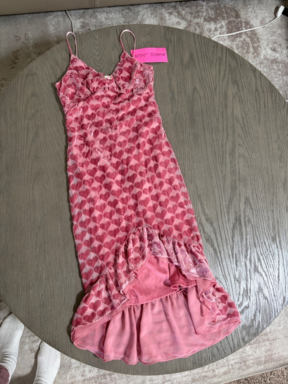 Betsey Johnson Pink Heart-Print Ruffled Slip Dress